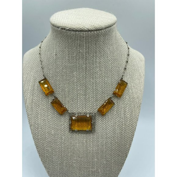 Antique Deco Sterling & Amber Czech Glass Festoon - Picture 1 of 9